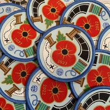 Load image into Gallery viewer, Remembrance Poppy woven badge and info card 2022